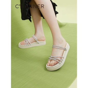 千百度女鞋夏季氣質涼拖鞋厚底踩屎感拖鞋外穿舒適配裙子度假