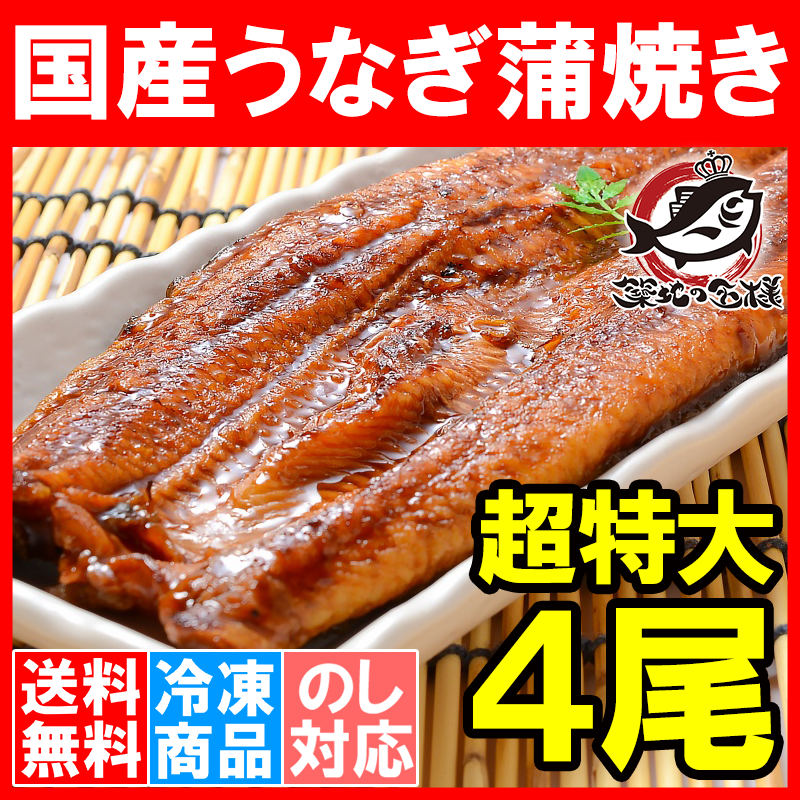 送料無料 特大うなぎ蒲焼き 平均２５０ｇ前後×４尾 （国産うなぎ ウナギ 鰻）