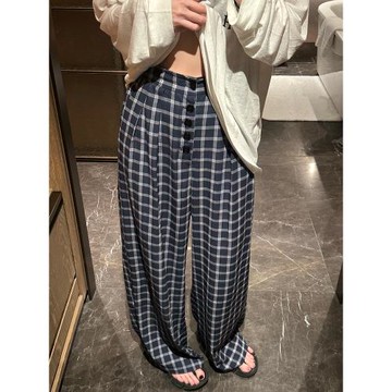 趙露思同款格子闊腿褲春夏季休閑寬松女慵懶顯瘦加長格紋拖地長褲