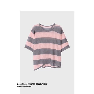 品牌特價小眾條紋拼接設計感休閑時尚百搭慵懶風針織衫上衣夏季款