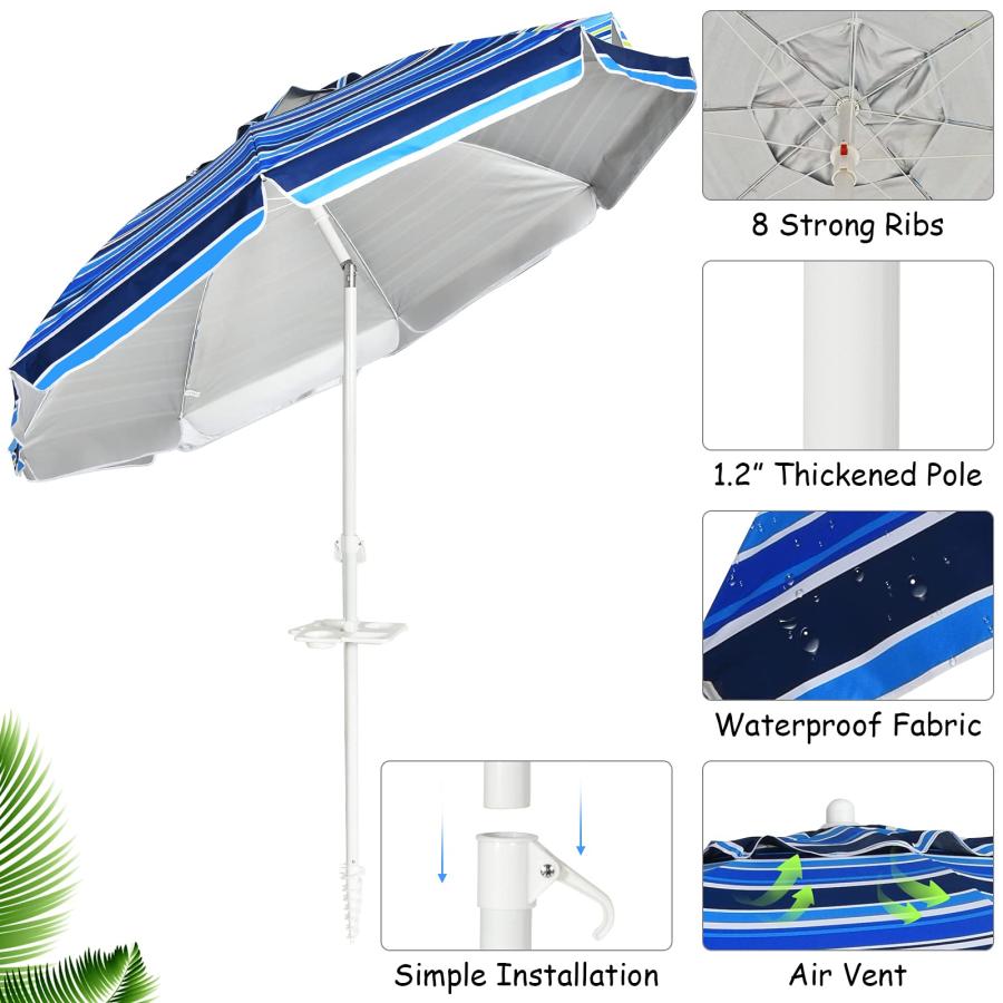 Tangkula 7.2 FT Beach Umbrella, Portable Beach Sunshade Umbrella W Sand Anchor, Tilt Mechanism, Sturdy Rib, Premium Steel Pole ＆ Carrying Bag, Fold