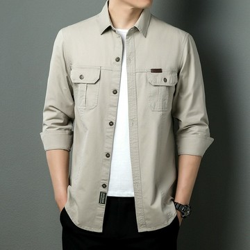 長袖襯衫男 純棉百搭休閑大碼工裝襯衣 薄款外套翻領上衣【淘夢屋】