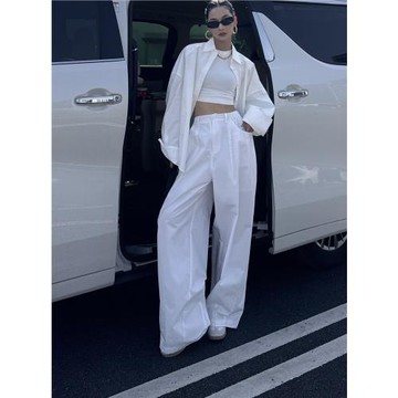 CIZZLEMORE白色透氣半彈力松緊腰寬松工裝戶外風褶皺闊腿休閑褲