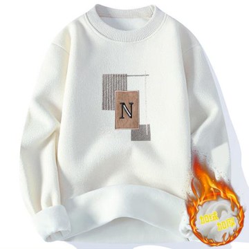 一體絨圓領毛衣男士秋冬款加絨衛衣保暖毛線衣套頭軟糯打底針織衫