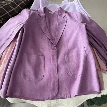 高端亞麻外套百搭上衣春秋純色紫色寬松大碼西裝時尚休閑女白粉