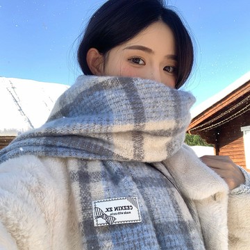 特價✨新款秋冬圍巾 韓係氛圍感藍色格子圍巾女 高級感圍脖加厚保暖 大圍巾披肩 保暖圍巾 圍巾女 羊絨圍巾 圍脖圍巾 1N