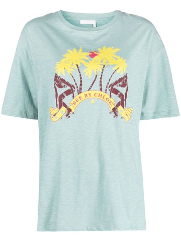 See by Chloé - logo-print short-sleeve T-shirt - women - Cotton/Polyester - L - Green