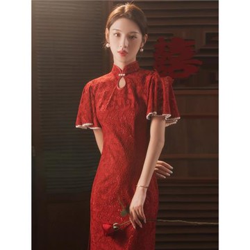 紅色改良版旗袍2025年新款夏季復古長款新娘敬酒服中國風連衣裙女