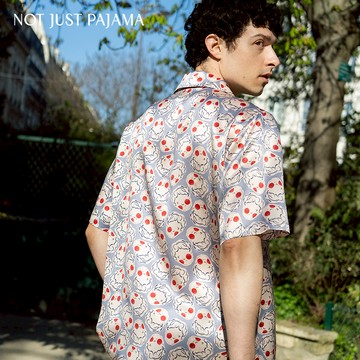 NotJustPajama心動博物館 小天使印花真絲男士短袖睡衣套裝 - 白底小天使印花-XL