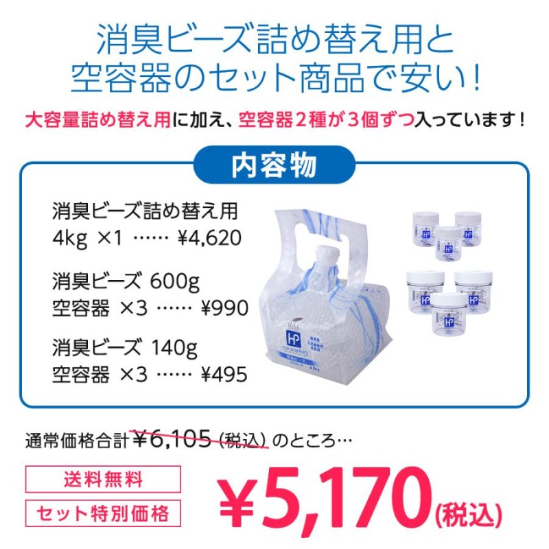 消臭剤 消臭ビーズ 詰め替え 4.0kg 空容器セット | 無香料 無臭 強力