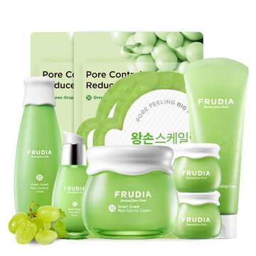 FRUDIA 【青萄全面清爽組】幫毛孔抱緊處理💚(青葡萄洗+水+精+霜+霜10gx2+面膜x2+棉片x2+限量提袋)