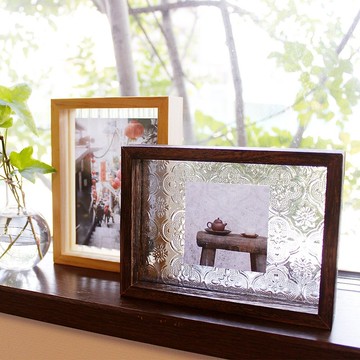 復古壓花玻璃實木相框 日本設計 海棠花/條紋款