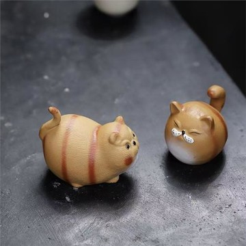 宜興原礦紫砂茶寵胖橘貓擺件個性創意雕塑招財貓茶玩批發廠家