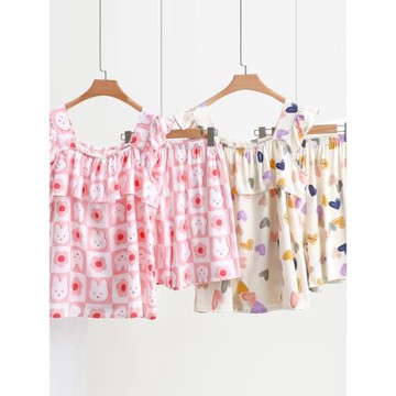 2025年夏季女士棉綢花邊吊帶睡衣套裝寬松顯瘦百搭人造棉居家服