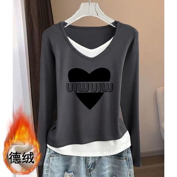 愛依依 長袖T卹 發熱衣 保暖中大尺寸 M-3XL新款德絨假兩件v領休閒內搭不規則顯瘦保暖上衣打底衫-9565.