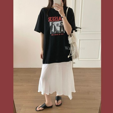 台灣㊣現貨✨90公斤寬鬆設計感拼接雪紡圖案寬鬆洋裝 Want Meow招財貓旺鋪
