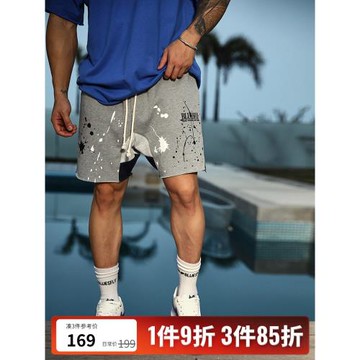 BLUESFLY夏季短褲男休閑美式復古風潑墨印花訓練運動健身四分褲潮