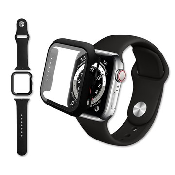 【J.S.優品】全包覆 Apple Watch Series SE/6/5/4 (40mm) 9H鋼化玻璃貼+錶殼+環保矽膠錶帶