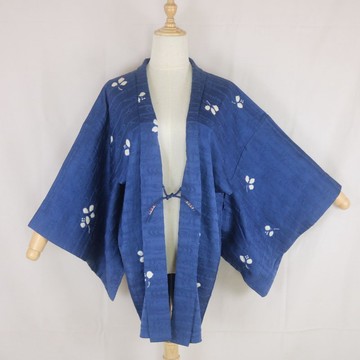 復古藍色羽織 | 白色花柄 | 日本和服外套短版罩袍
