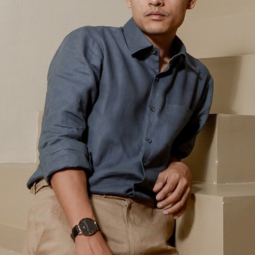 男士亞麻襯衫，平日至日，灰藍色，帶亞麻麵罩的平領