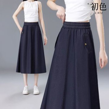 初色 天絲寬鬆薄款透氣修身垂感牛仔A字裙中長半身裙-深藍色-15002(M-2XL可選)