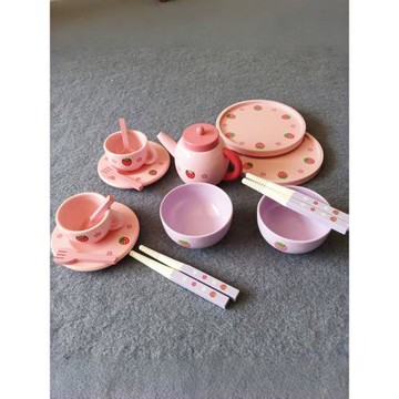 草莓廚房餐具醬油醋水茶壺飯碗筷子盤碟子木質兒童過家家萌可玩具