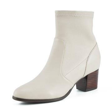 MAGY 復古素面顯瘦彈力羊皮中跟襪靴 米色 #14920