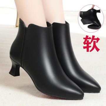 真皮細跟短靴女春秋單靴高跟短筒靴子尖頭工作鞋冬季加絨馬丁靴黑
