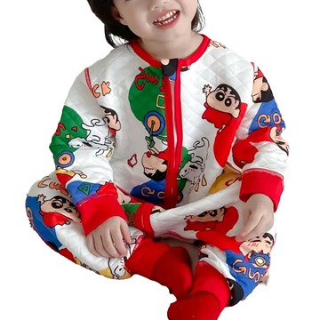 Shinchan 蠟筆小新 秋冬全棉質無痕防踢被  螺紋袖口褲口設計  全身無縫  三頭拉鍊  100碼(建議95~105公分)  紅腳踏車小新