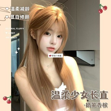 臺灣熱賣☆【可開發票】💕【奶茶香檳】假髮女日常網紅長直髮新款逼真齊劉海jk全頭套式