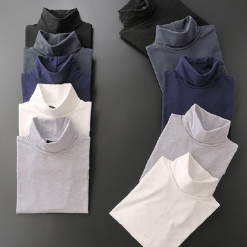 秋冬白色高領修身打底衫男士長袖休閑上衣棉質內搭舒適T恤內衣I