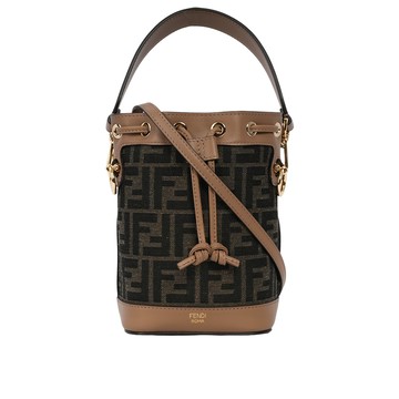FENDI MON TRESOR FF Logo 緹花及皮革二用迷你水桶包(棕色)