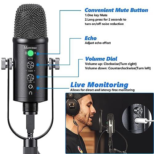 Mercase USB Microphone for Computer,Phone,MAC, with Mute Button,Plug ＆ Play,Cardioid Pickup,Volume and Echo Control,for Podcast,Recording,Sing,ASMR