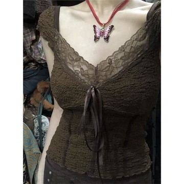 美式復古蕾絲v領短袖t恤女大碼胖mm微胖甜辣秋冬打底短款上衣夏