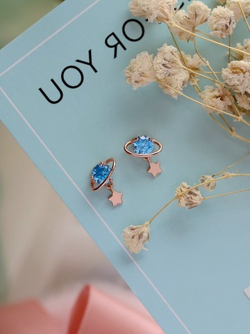 大樂良品純銀藍色鋯石星球耳釘女防過敏高級感土星耳環新款潮1入