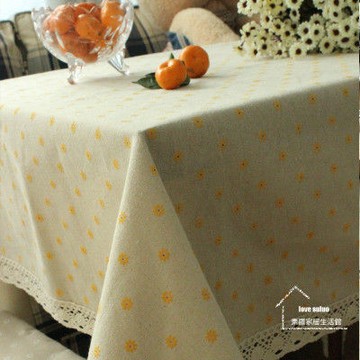 【協貿】雛菊棉麻蕾絲田園碎花小清新黃色餐桌布藝蓋巾