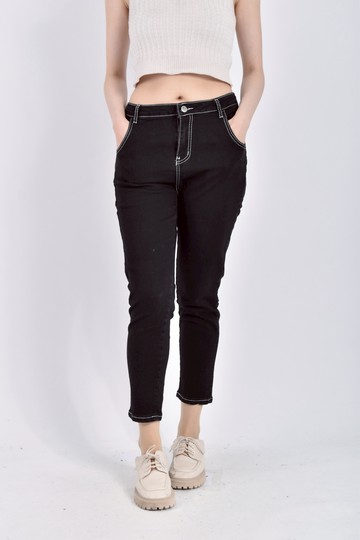 加購優惠(L) 高腰質感撞色縫線黑色長褲