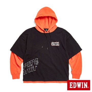 EDWIN 男款 假兩件長袖連帽T恤(桔黃色)