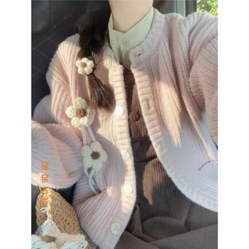 2024年秋季新款溫柔風奶fufu花朵毛衣外套韓系小個子針織開衫女