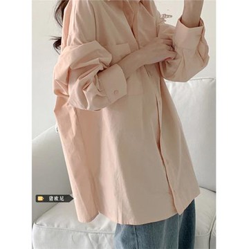 豬歐尼 純色長袖襯衫上衣女秋韓版純棉休閑寬松bf慵懶風外套襯衣