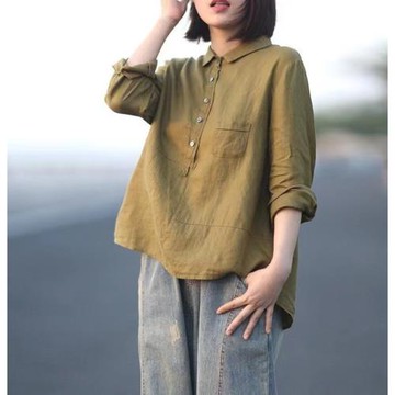 2023早秋新休閑寬松純色亞麻襯衫女翻領長袖棉麻女裝
