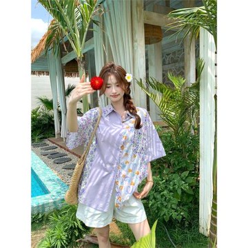 撞色印花短袖襯衫女2025夏季新款日系小眾拼接寬松顯瘦別致上衣潮
