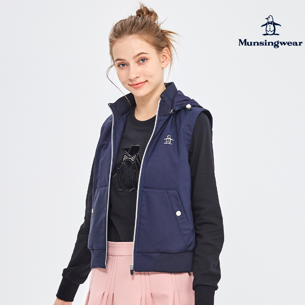 【MUNSINGWEAR 企鵝】女款深藍色羅紋領鋪綿連帽背心