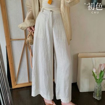 初色 棉麻風寬鬆純色高腰鬆緊腰闊腿長褲休閒褲寬褲長褲-共2色-12595(M-2XL可選/現貨+預購)