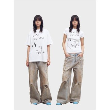 METARICOTTA草寫字母高級感印花短袖新款美式辣妹休閑正肩顯瘦T恤