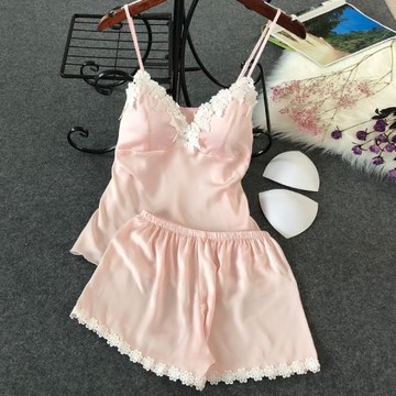 韓版睡衣女夏學生家居服性感情調衣人清新蕾絲吊帶短褲冰絲兩件套