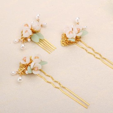 【ANGEL】古風花卉白玉手工髮簪頭飾三件組(三件組)