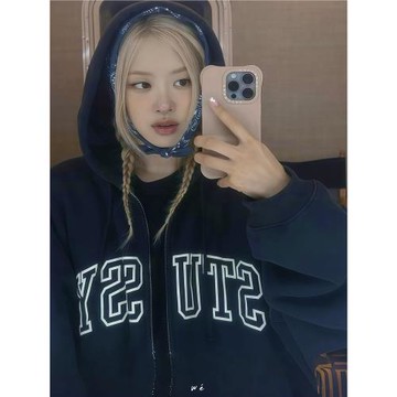 rose樸彩英同款黑色連帽衛衣女2025新款秋冬開衫上衣外套帽衫衣服