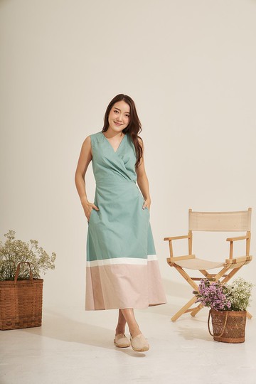 撞色牛津棉無袖綁帶長洋裝  - LOOKTOR : 薄荷綠