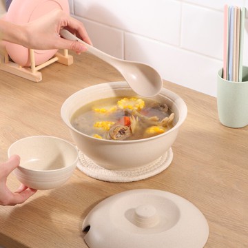 小麥秸稈湯鍋套裝家用耐摔帶蓋大號湯碗盛湯碗湯盆蓋子唐勺子套裝